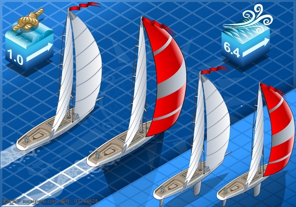 帆船 等距 交通工具 矢量 海边 度假 立体 海水 商业 海报 插画