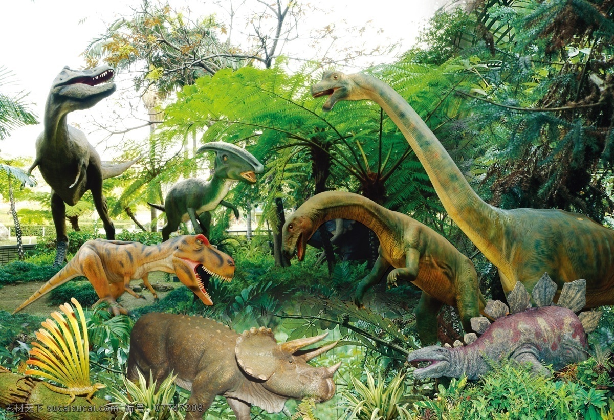 恐龙世界 恐龙 剑龙 草龙 暴龙 独角龙 丛林 树木 分层 源文件