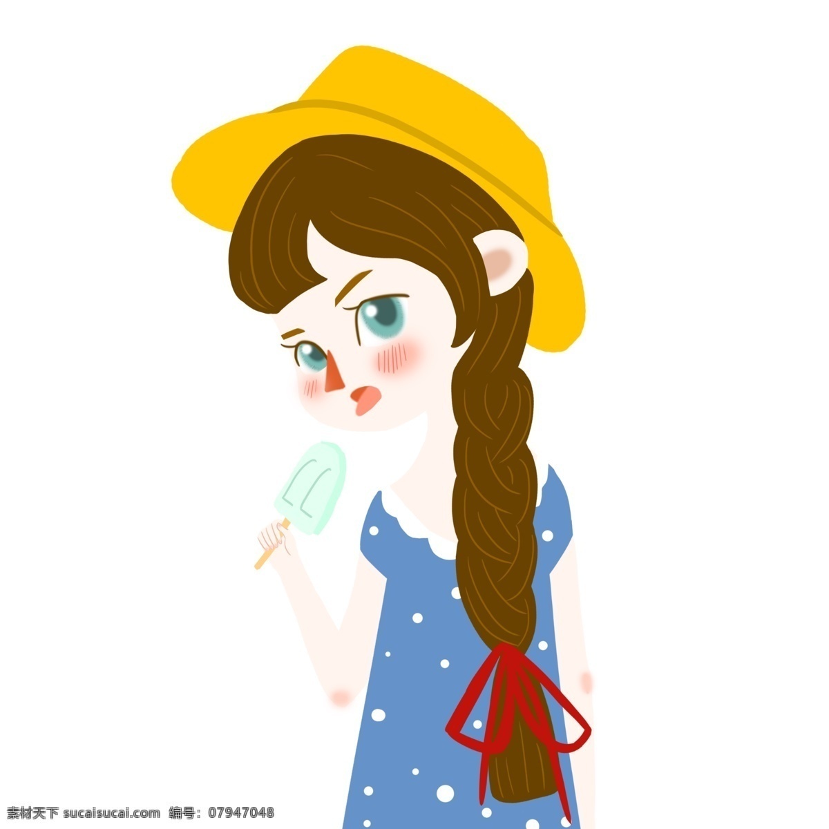 夏季 女孩 吃 雪糕 女孩吃雪糕 草帽 麻花辫 红色头绳 连衣裙