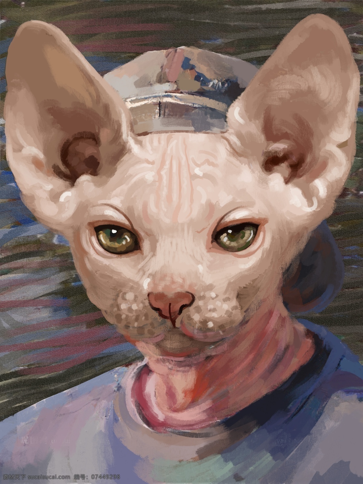喵 记 印象 仿 油画 拟人 肌理 写实 原创 插画 猫咪 帽子 衣服 耳朵 皮肤 无毛猫