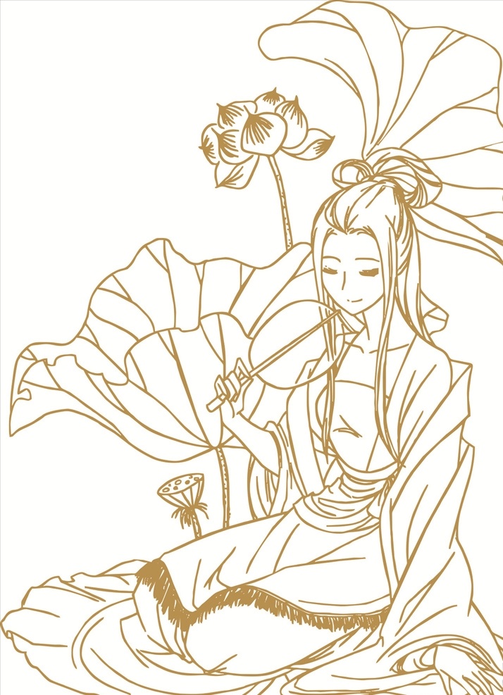 线条图 荷花 荷花矢量图 矢量图 线条画 古典人物 古典 剪切画