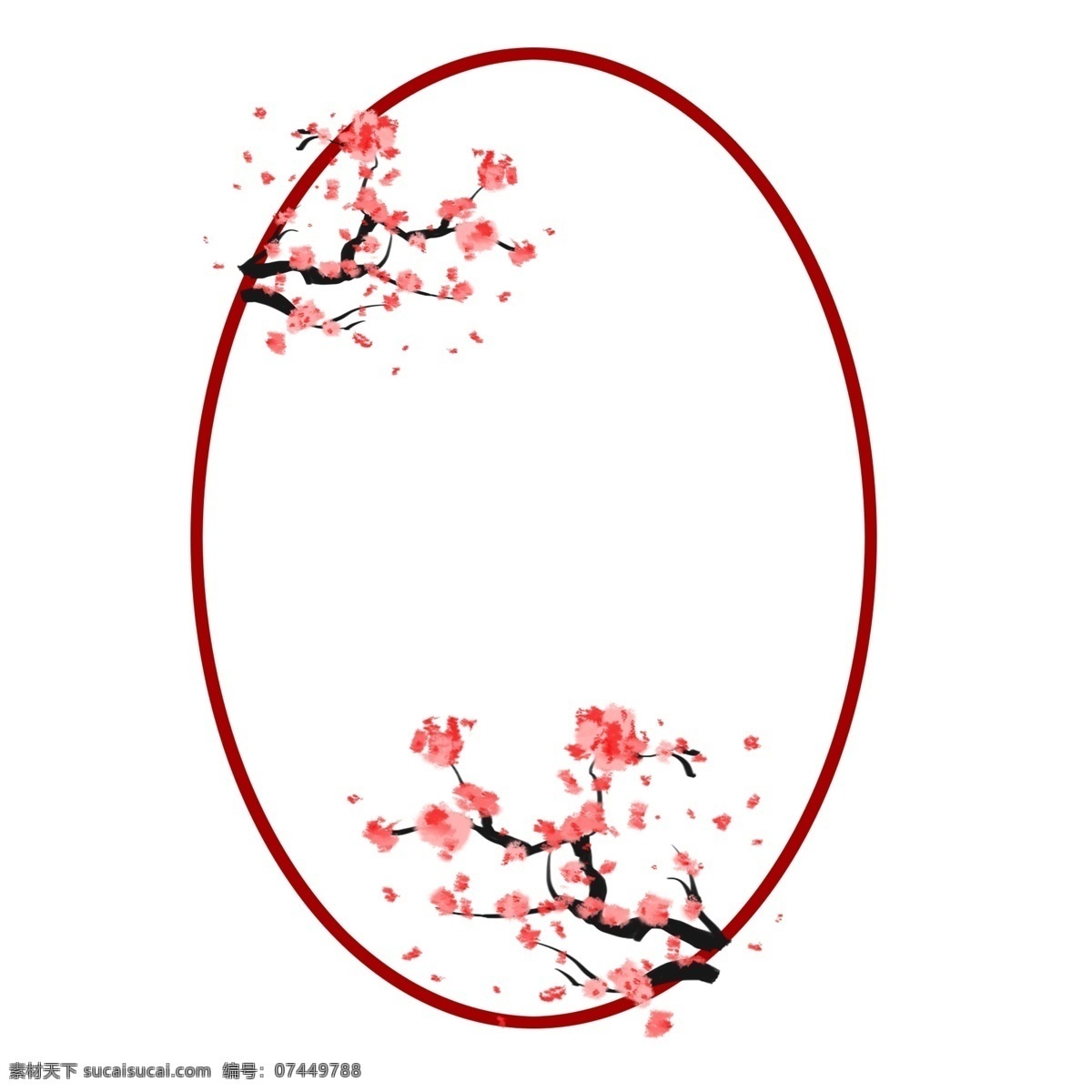 卡通 手绘 梅花 花枝 边框 椭圆形 梅花花枝 枝干 花朵 复古风格 中国风边框 椭圆形边框 红色边框 装饰用边框 插画