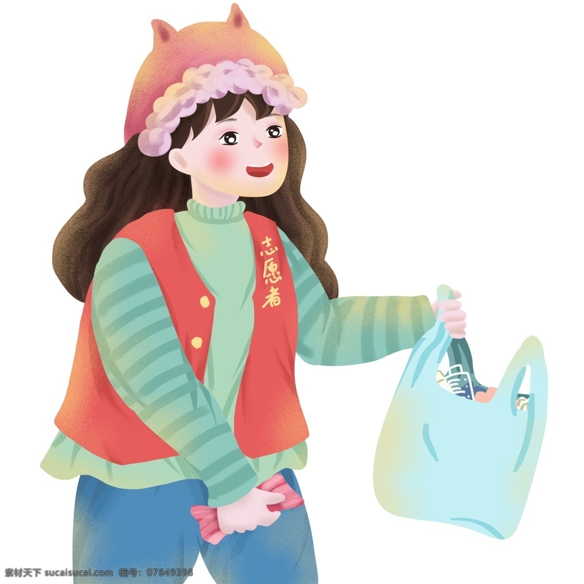 环保 志愿者 女孩 插画 人物 商用 元素 小清新 卡通 可爱 环保志愿者 捡垃圾 女生 环保背心