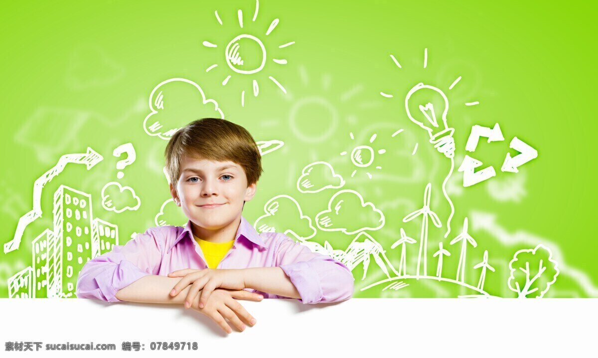 广告牌 后面 男孩 绿色背景 儿童 图标 电灯 球保 儿童图片 人物图片