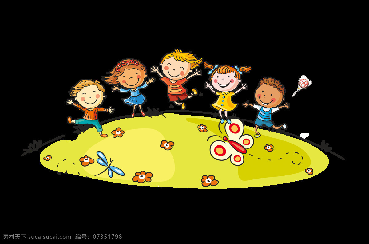 手绘 卡通 儿童 玩耍 装饰 儿童节 六一 草地 蝴蝶 花朵 61 男孩 女孩 扁平 可爱