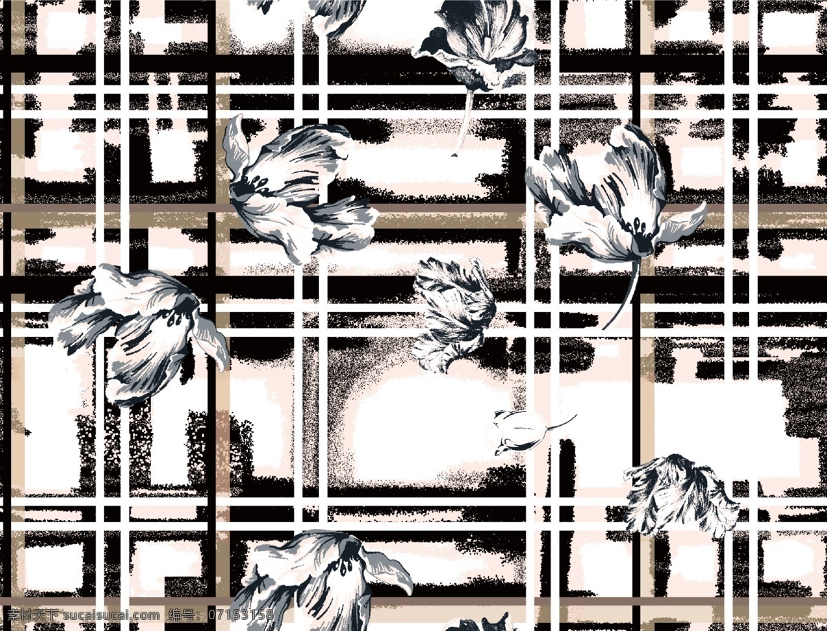 格子花图片 手绘花 手绘花图案 手绘花背景 乱花 花卉 格子 手绘图案 数码印花 分层