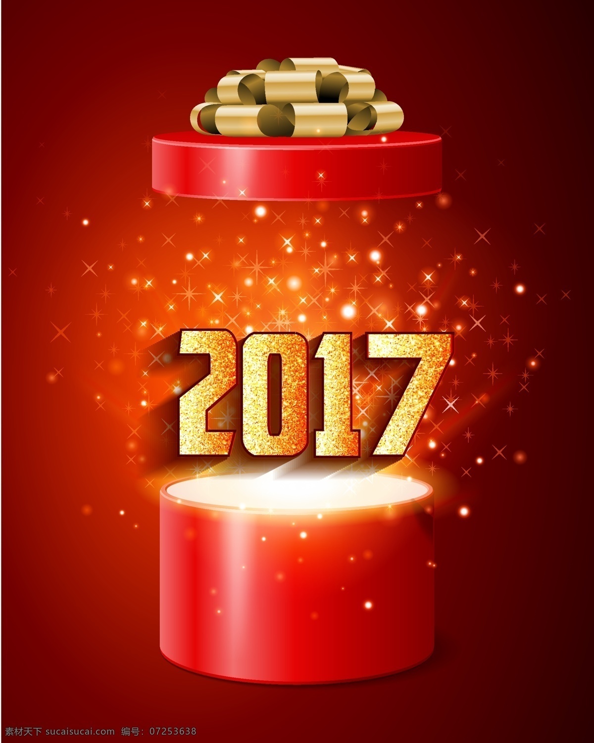 矢量 创意 礼物 盒 2017 背景 红色 礼物盒 打开 2017年 新年 炫光 星光 海报