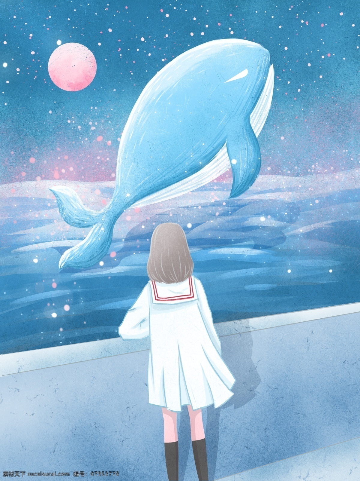 治愈 系 插画 海蓝 时见 鲸 海边 看 女孩 蓝色 清新 星空 壁纸 海 月 背景