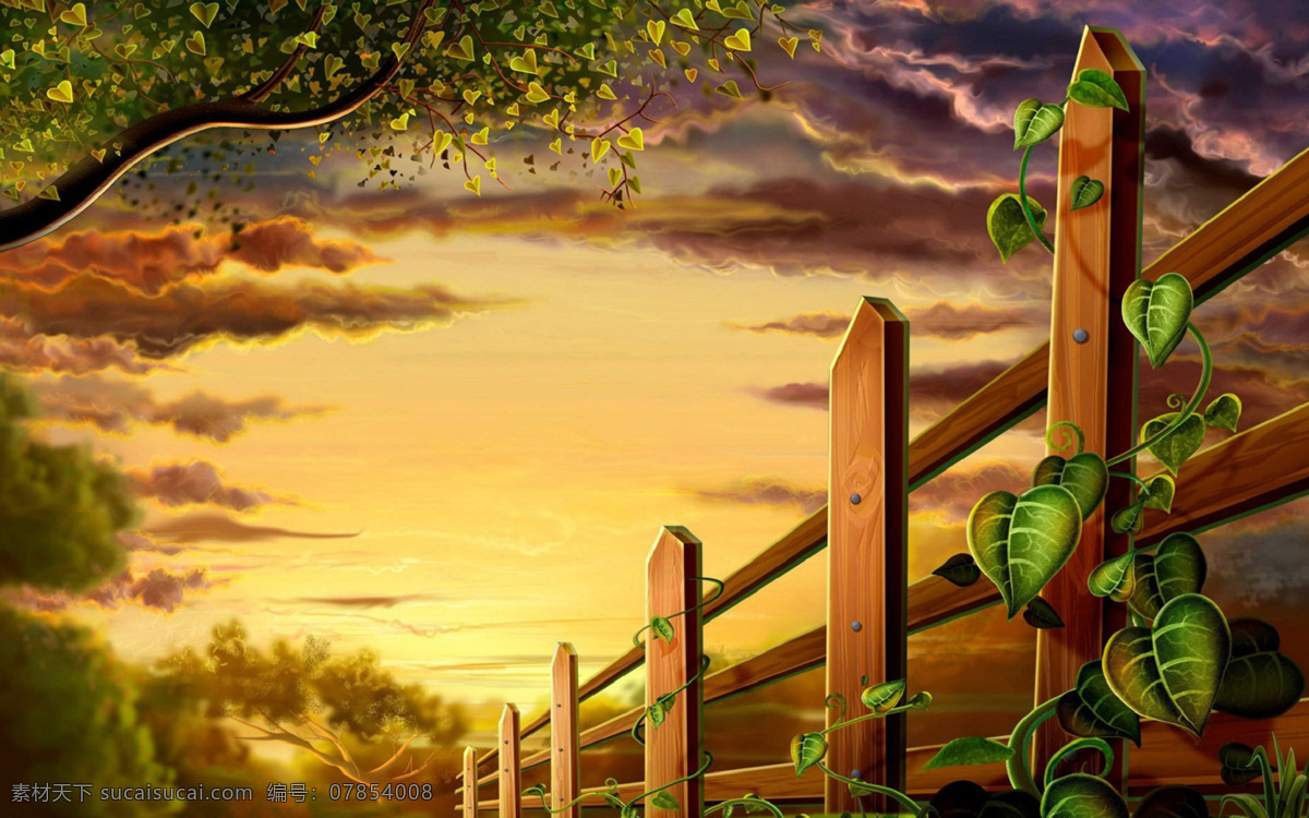 动漫 动漫动画 风景漫画 树木 围栏 夕阳 夕阳风景 风景 设计素材 模板下载 围栏风景 夕阳景象 卡通 可爱