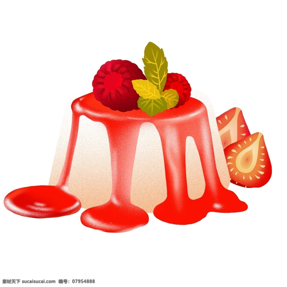 美味 草莓 布丁 手绘 美食 甜点 插画 食物 果酱 psd元素