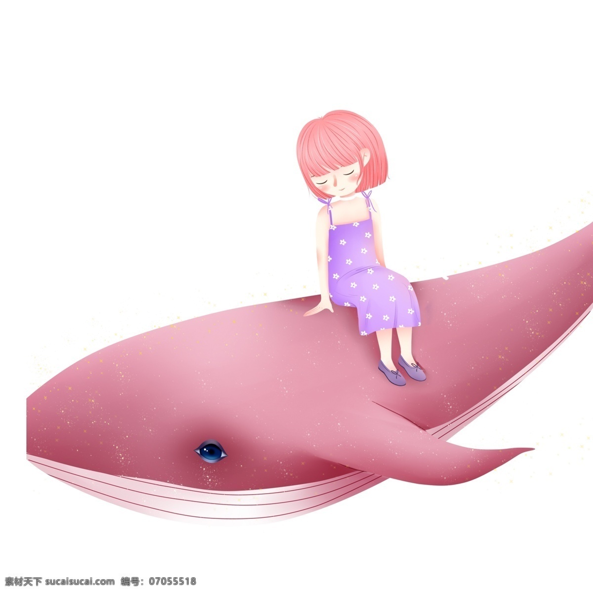 唯美 手绘 坐在 鲸鱼 上 女孩 卡通 插画 治愈系
