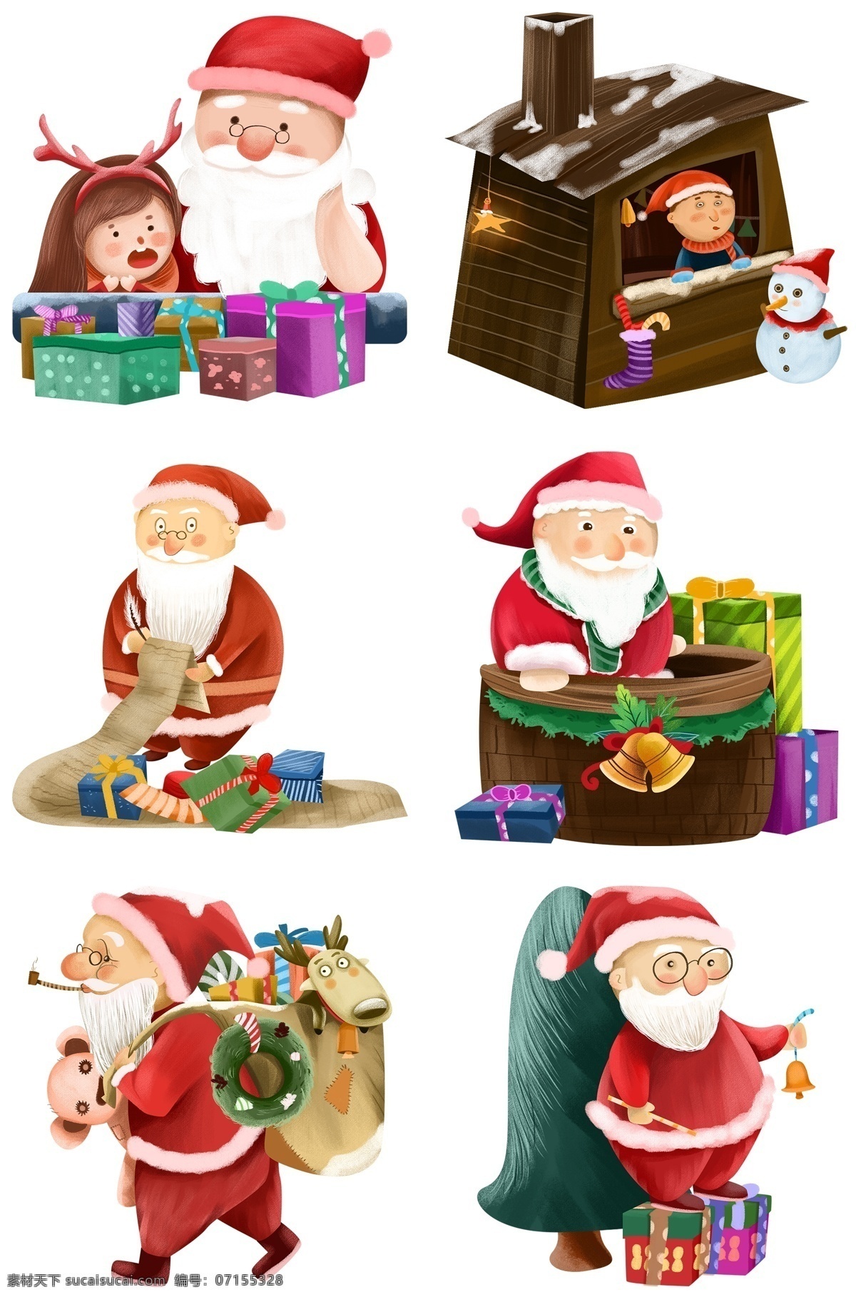圣诞节 礼物 手绘 插画 圣诞老人 铃铛 圣诞礼物 卡通圣诞老人 圣诞夜 圣诞 礼盒 雪人 圣诞节插画