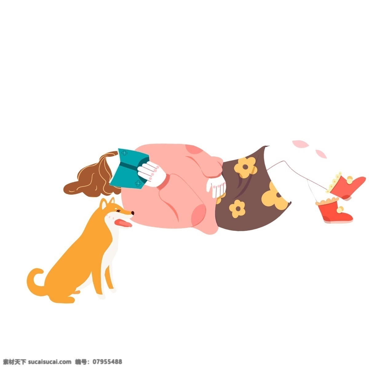 卡通 小 清新 宅 家 女孩 小柴 犬 小清新 插画 宅家 肥宅 女生 柴犬 看书 躺着