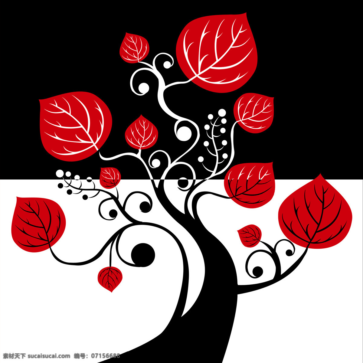 一颗树 树一颗 树干 树叶 红色 黑色 曲线 装饰画 无框画 环境设计