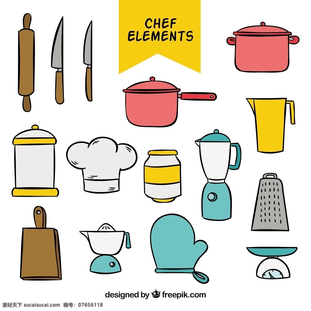 手绘 线描 风格 各种 厨师 厨房用具 矢量 手绘线描风格 矢量素材