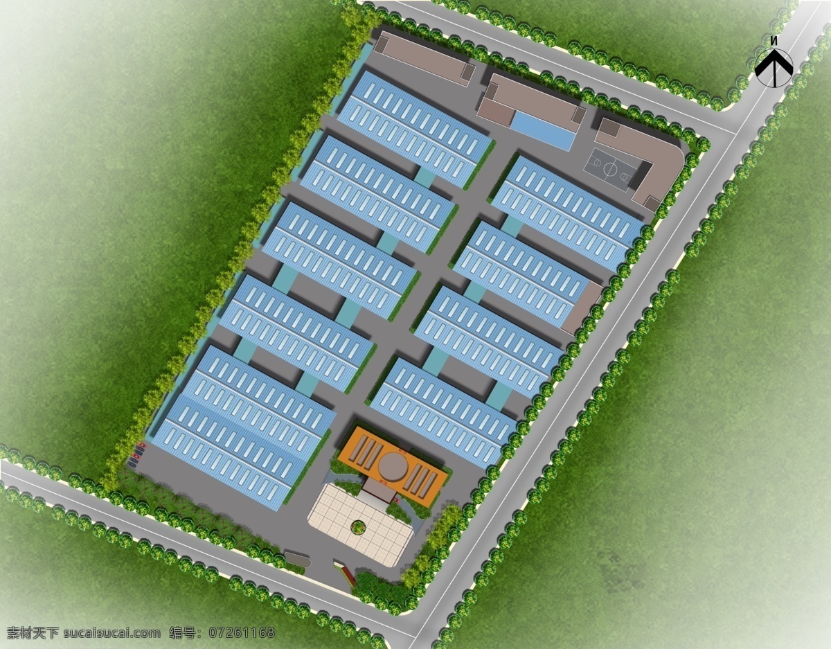 厂房效果图 厂房 办公楼 绿化 蓝球场 宿舍楼 库房 建筑平面 工业园 科技园 分层