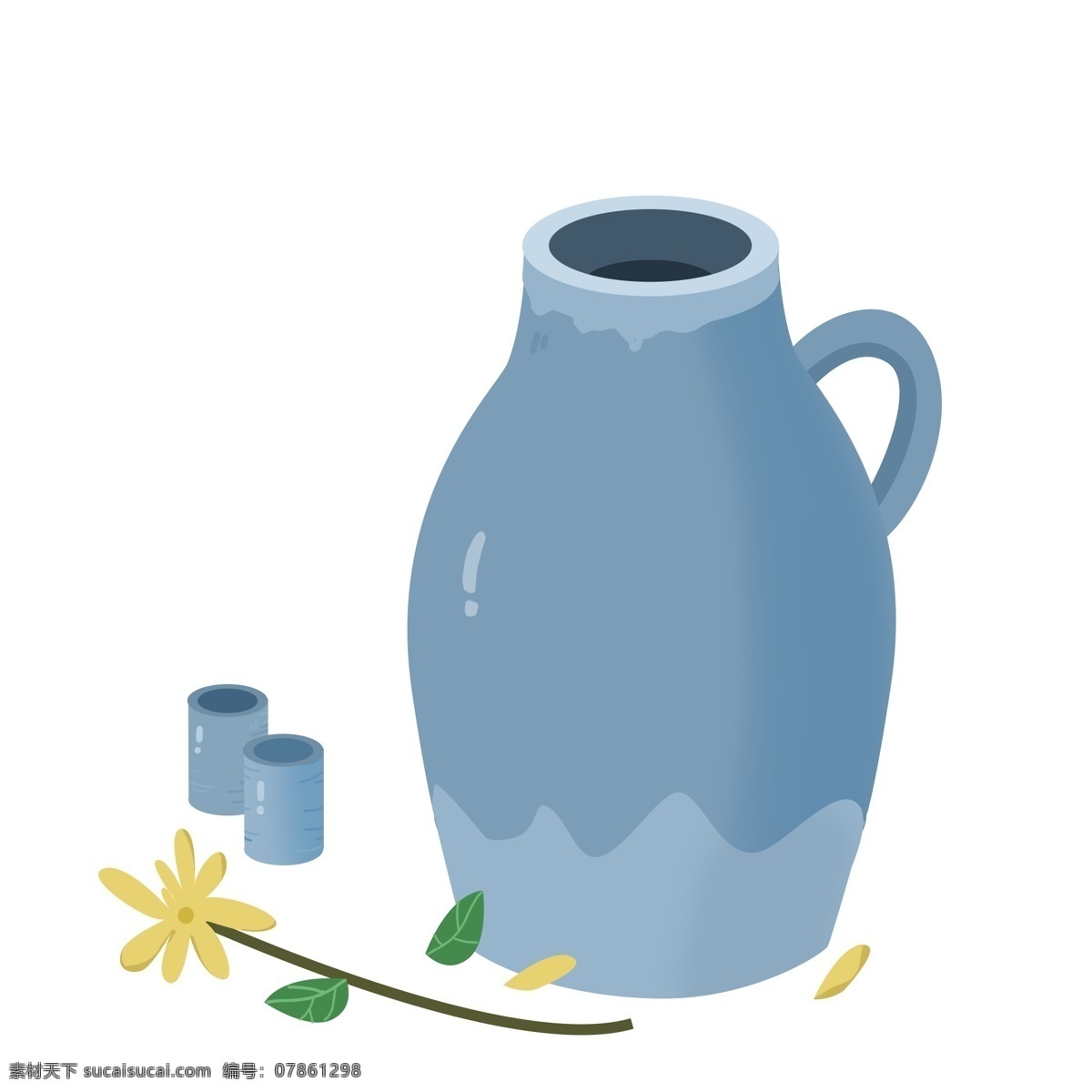 办公用品 茶杯 插画 蓝色的茶杯 卡通插画 上班用品 文员用品 工作用品 黄色的花朵