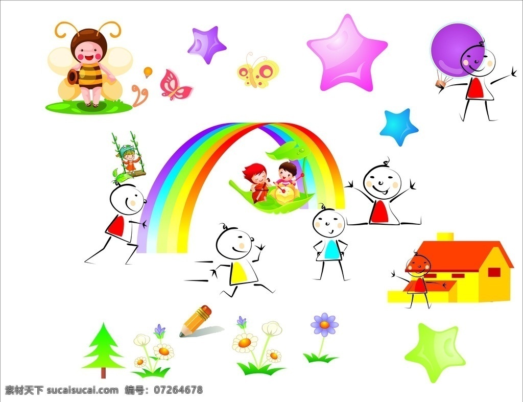 幼儿园 背景 素材小人物 房子 星星 蝴蝶 蜜蜂 彩虹 花 树 气球 人物图库 儿童幼儿