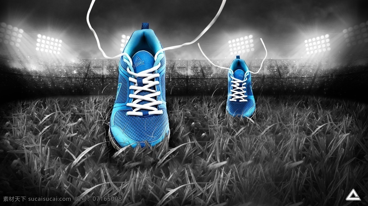 运动鞋特效 跑鞋 草地 绿茵 足球场 灯光 场景拼合 匹克 创意海报 鞋子 黑色