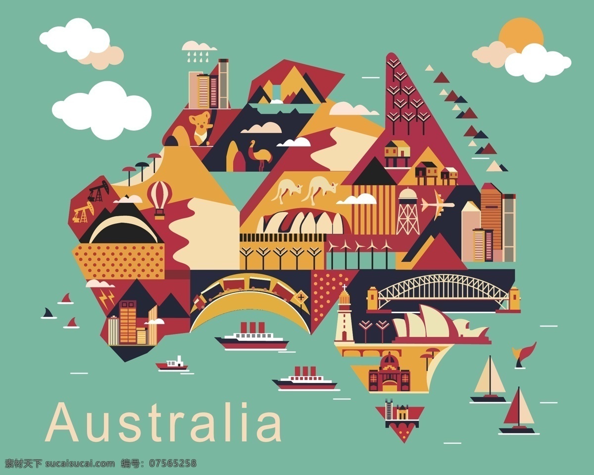 澳大利亚 卡通 地图 卡通地图 卡通澳大利亚 插画