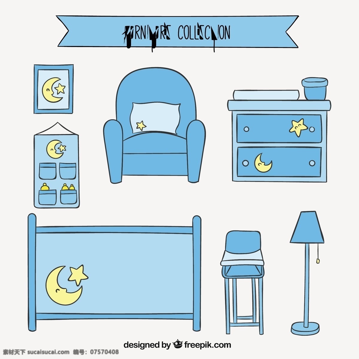 婴儿房的家具 宝贝 一方面 蓝色 手绘 家具 灯 房 绘图 沙发 手工绘图 绘制的 粗略的 婴儿床 摇篮 白色