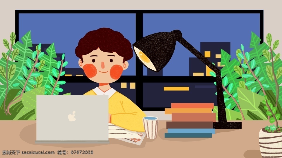 商务办公 工作 中 人 扁平 可爱 原创 插画 商务 室内 办公 男人 植物 台灯 电脑 杯子 书籍 纸 办公纸 简约 配图 微博配图 公众号配图 文章配图 朋友圈配图 手机壁纸
