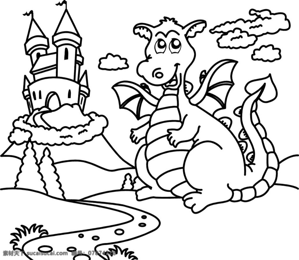 恐龙城堡 卡通设计 可爱卡通 城堡 矢量图 儿童设计 儿童背景 硅藻泥刻花 路 草 线描卡通人物 卡通 玩耍 儿童 矢量素材 漫画 儿童房
