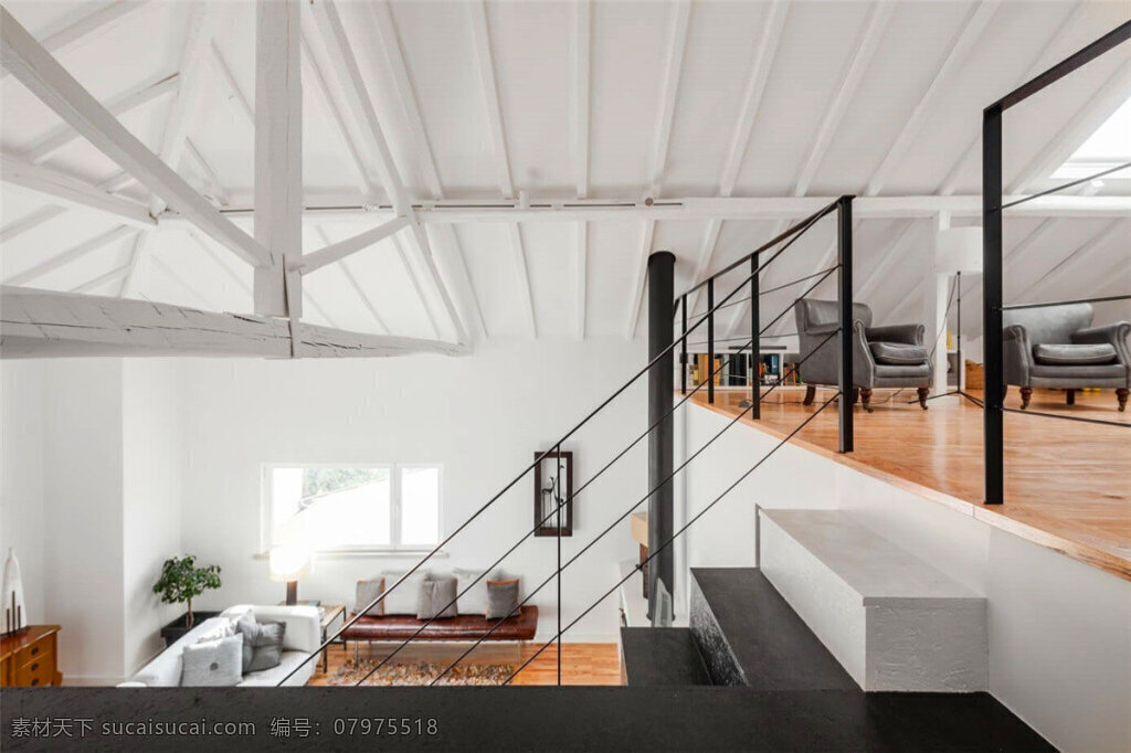 现代 时尚 客厅 白色 凸起 天花板 室内装修 效果图 客厅装修 黑色楼梯 橘色地板 白色扶手