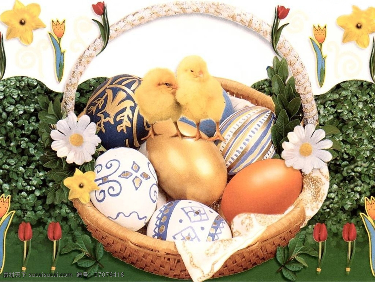 一篮子的彩蛋 可爱 五颜六色 花纹 绘画 涂彩 小鸡 花