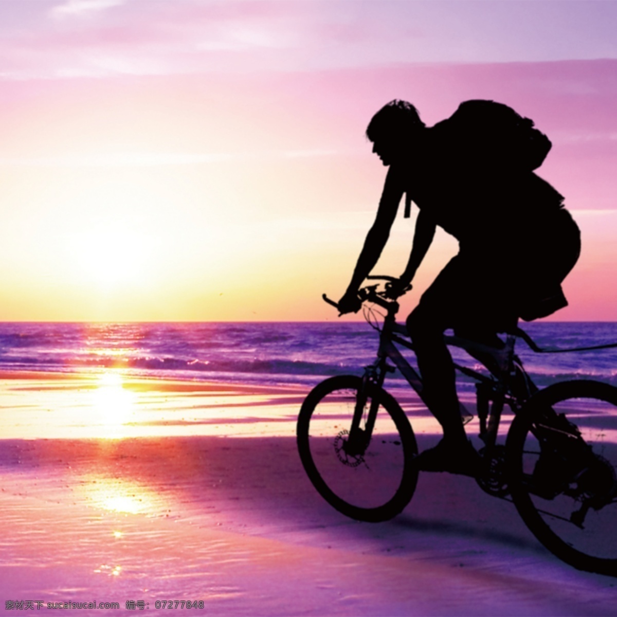 紫色 唯美 夕阳 海景 背景 单车 黑色