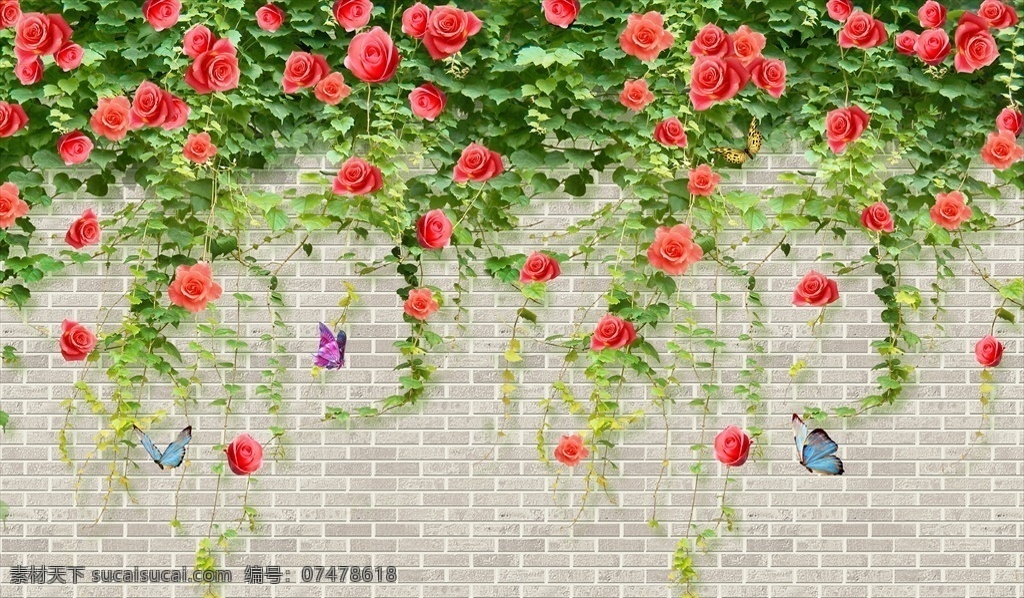 3d 砖墙 蔷薇花 3d蔷薇花 蔷薇玫瑰花 灰色砖墙 玫瑰花蝴蝶 矢量蔷薇花 现代立体花卉 分层