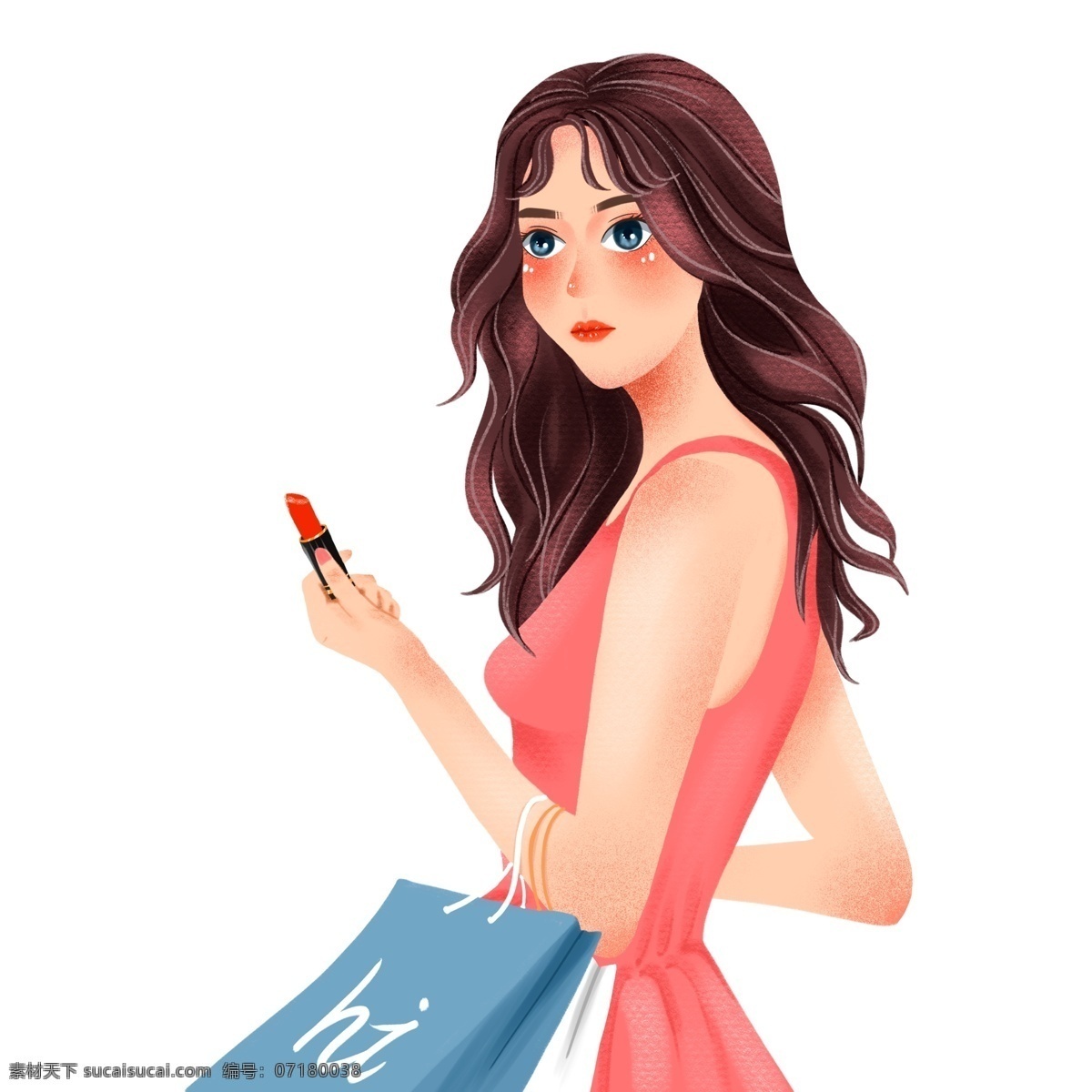 手绘 购物 美女 人物 女性 插画 shopping 购物袋 口红