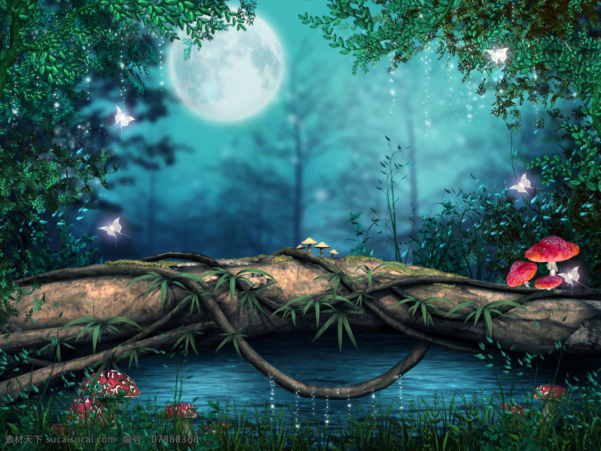月亮与蘑菇 美丽鲜花 蘑菇 花朵 月色 月亮 蝴蝶 梦幻景色 梦境 美丽风景 自然风景 自然景观 黑色