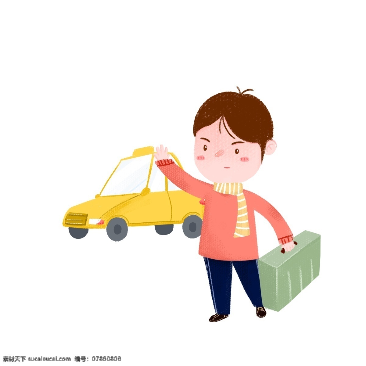 春运 人物 出租车 插画 黄色的出租车 黄色的围巾 卡通人物 帅气的小男孩 春运人物插画 绿色的行李箱
