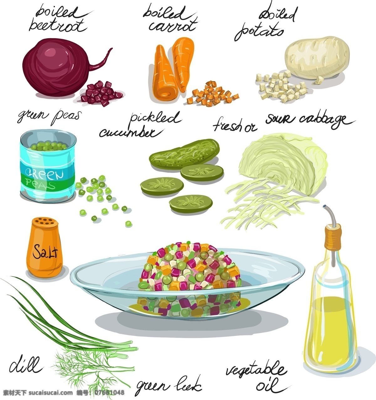 健康蔬菜料理 食谱 手绘 健康 蔬菜 料理 白色