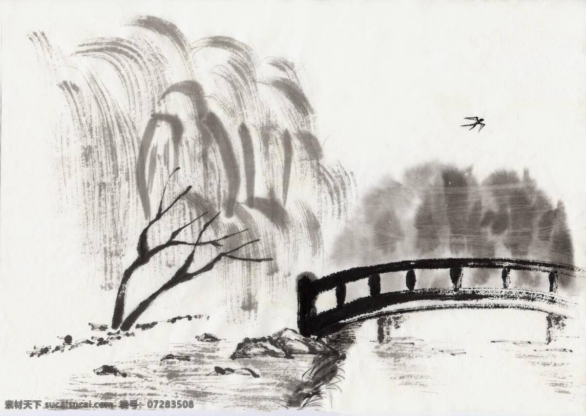 水墨画 水墨 绘画 小桥流水 风景 风光 壁纸 文化艺术 美术绘画