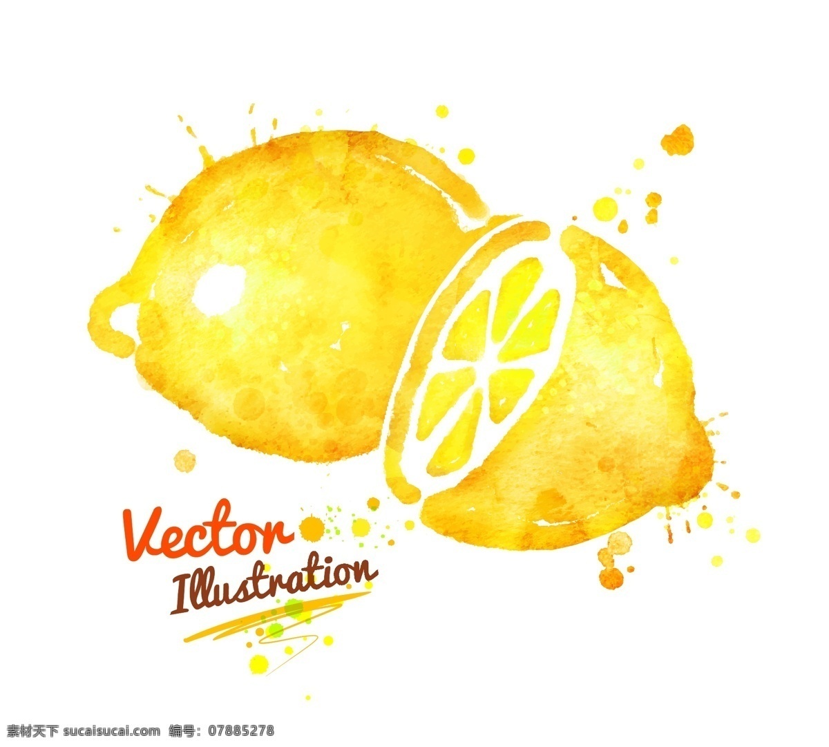 柠檬 创意 喷溅 水彩 墨迹 水果 菜 矢量 黄色 插画 水墨 手绘 墨点