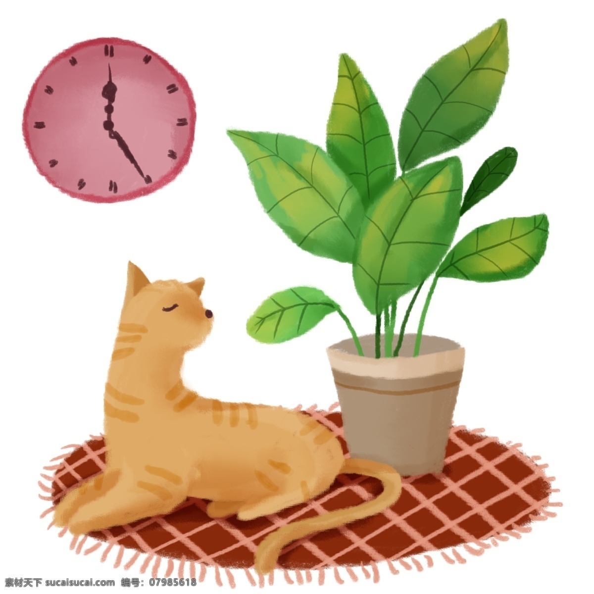 手绘 家庭生活 小猫 地毯 绿植 家庭 生活 钟表 家 静谧 温馨 宠物 植物 动物 绿色 家里 布置 橘猫
