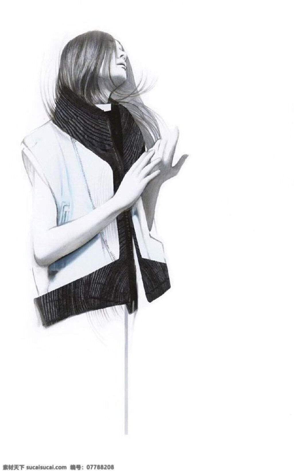 简约 风格 无袖 外套 女装 效果图 服饰设计 服装效果图 黑色围巾