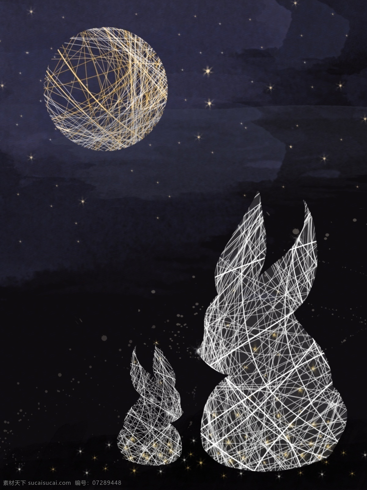 手绘 针织 兔子 广告 背景 线 夜空 月亮 夜色 动物 星空