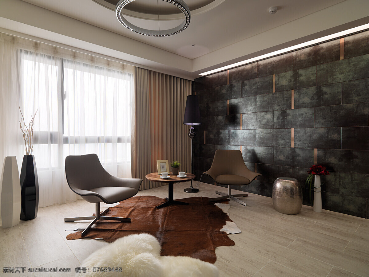 简约 时尚 客厅 灰色 背景 墙 效果图 个性吸顶灯 落地窗 灰色窗帘 椅子 木地板