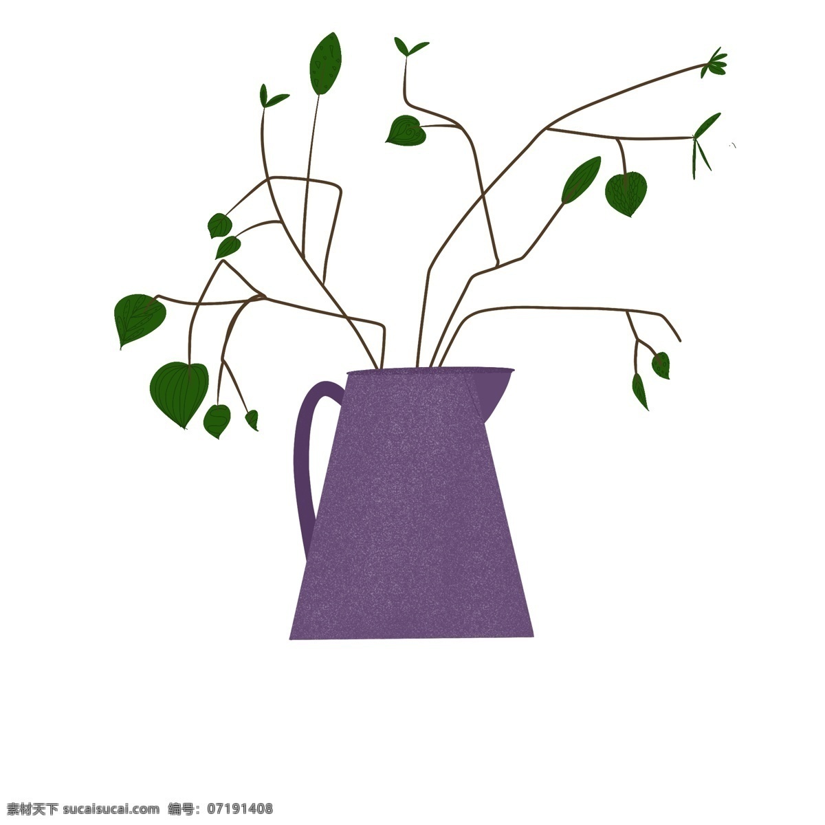紫色 花瓶 里 绿色 枝丫 卡通 元素