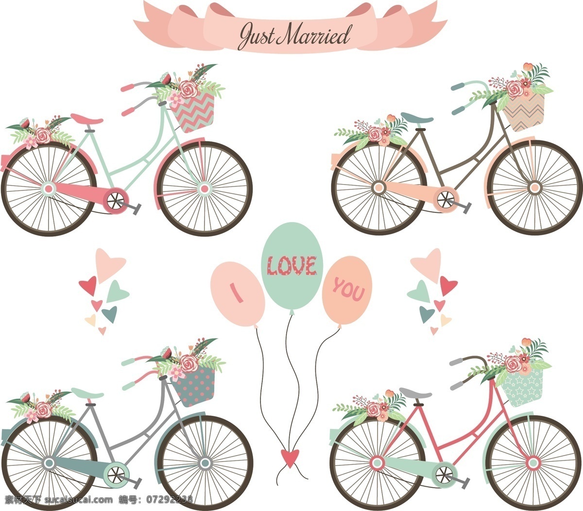 手绘 卡通 自行车 插画 静物 花朵 浪漫 可爱