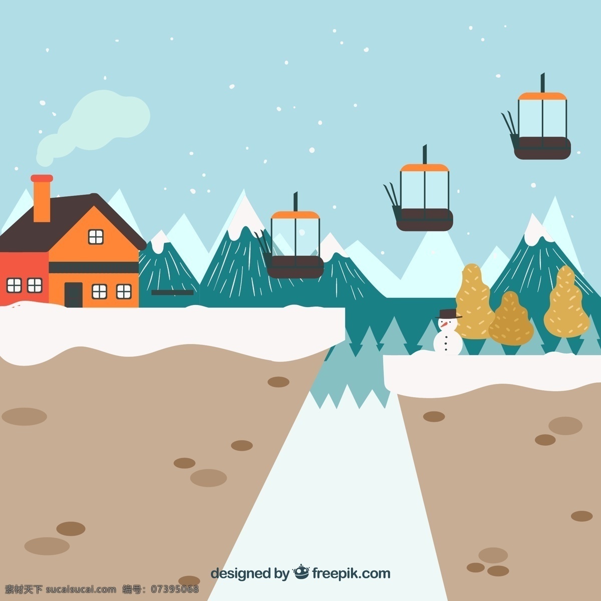 彩绘 冬季 滑雪场 雪山 房屋 滑雪缆车 松树 云朵 雪花 滑雪板 山坡 卡通 风景 动漫动画 风景漫画