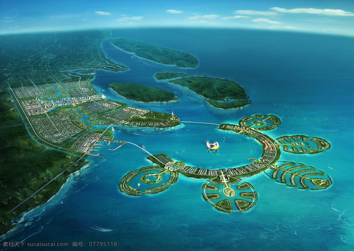 城市 滨水 港口 效果图 水中绿岛 鸟瞰 环境设计