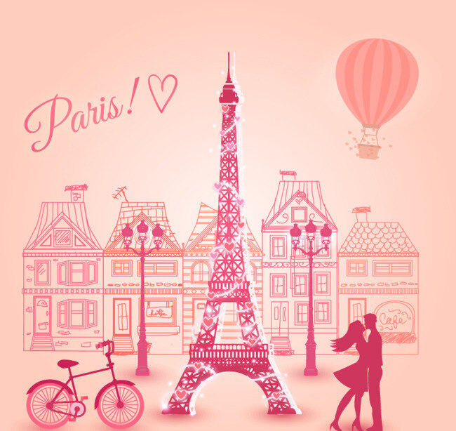 浪漫 粉色 巴黎 插画 矢量 情人节 爱情 铁塔 线条 热气球 单车 剪影