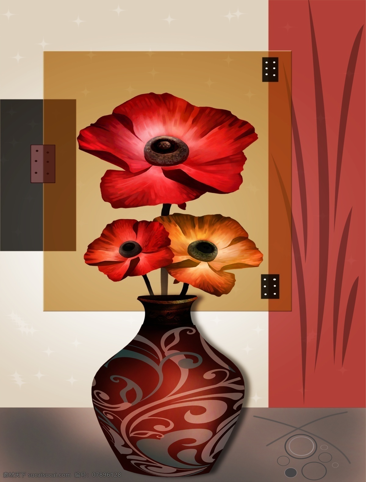 现代 花瓶 插画 装饰画 墙 画 墙画 分层