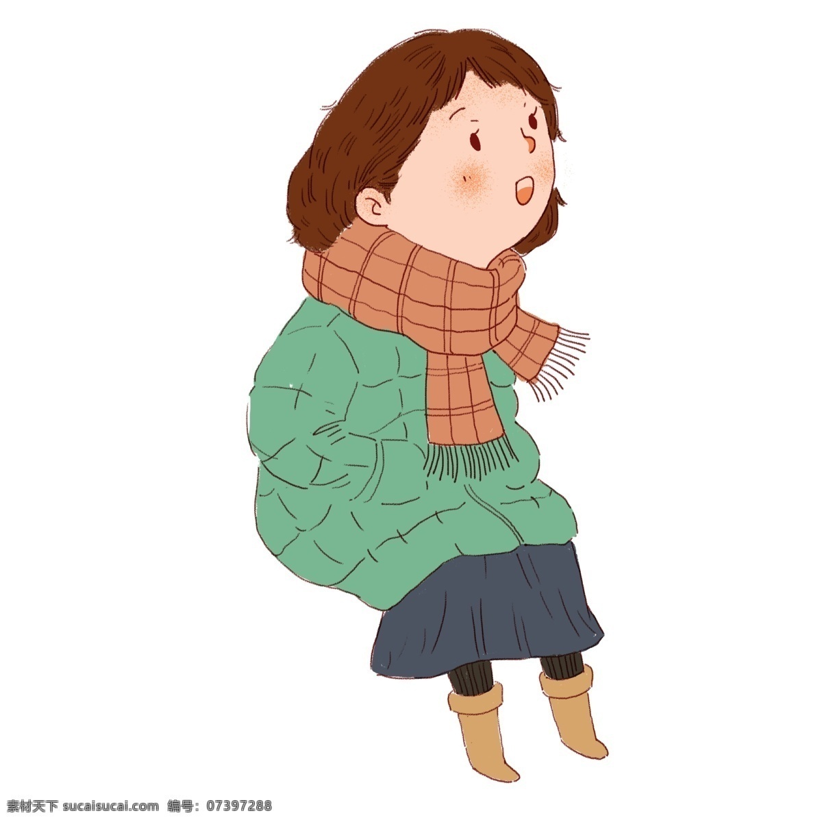 卡通 冬天 穿着 羽绒服 百褶裙 女孩 冬季 人物 插画 彩绘 女生 文艺女生 长裙 少女