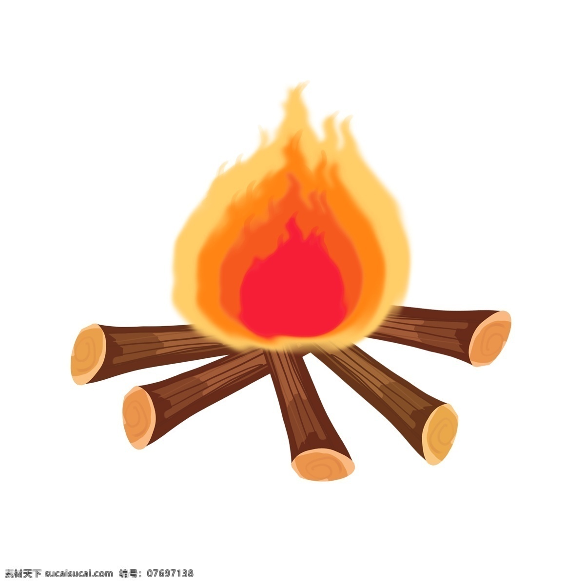 卡通 复古 柴火 堆 插画 篝火 火焰 木头 户外 火堆 钻木取火 干树枝 取暖