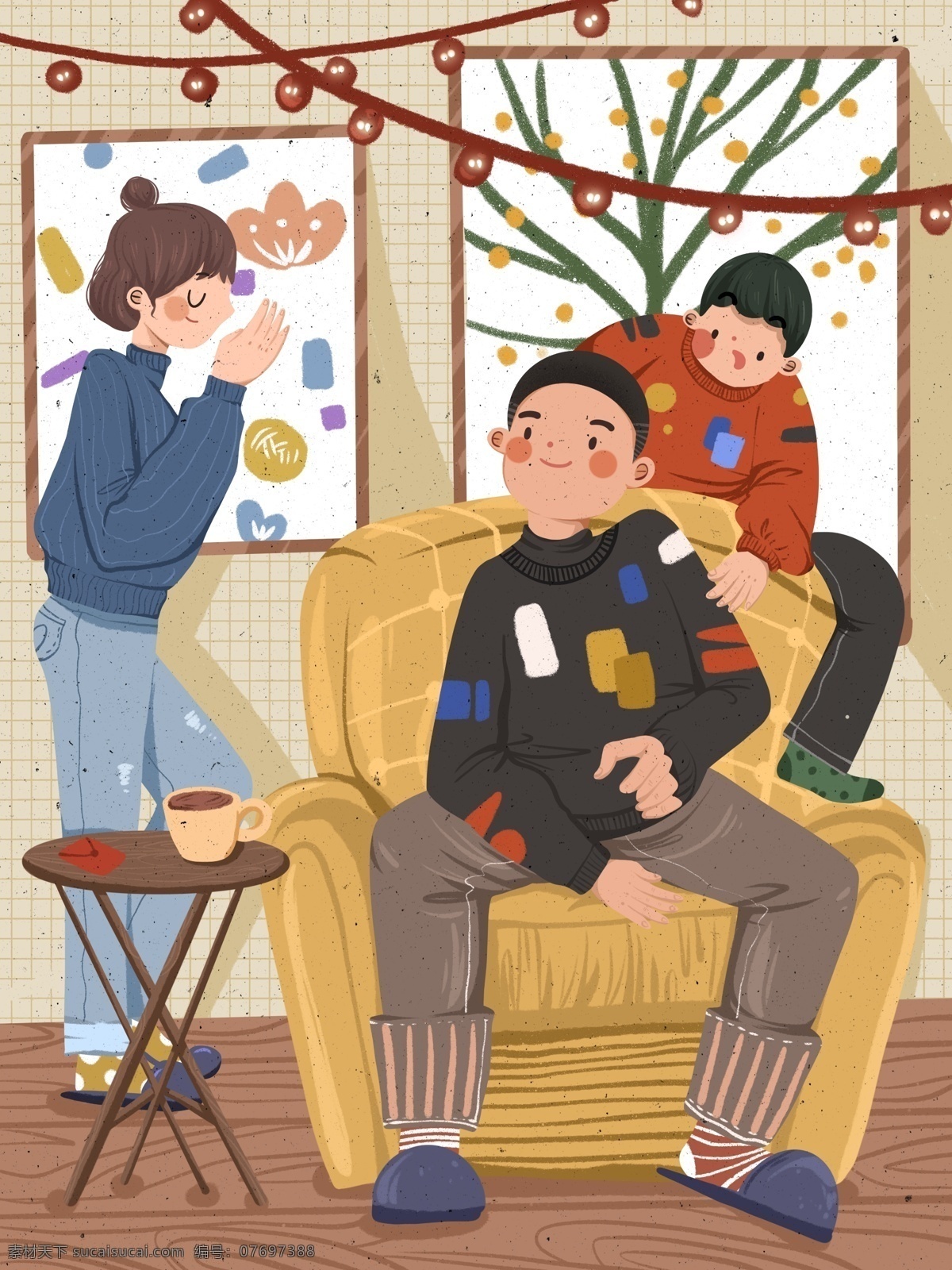 新年 亲友聚会 聊天 复古 肌理 可爱 插画 红包 小孩 男孩 女孩 猪年 朋友 愉快